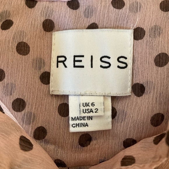 REISS Blouse Semi Sheer Button Front Polka Dot Blouse in Blush and Black - Picture 7 of 10